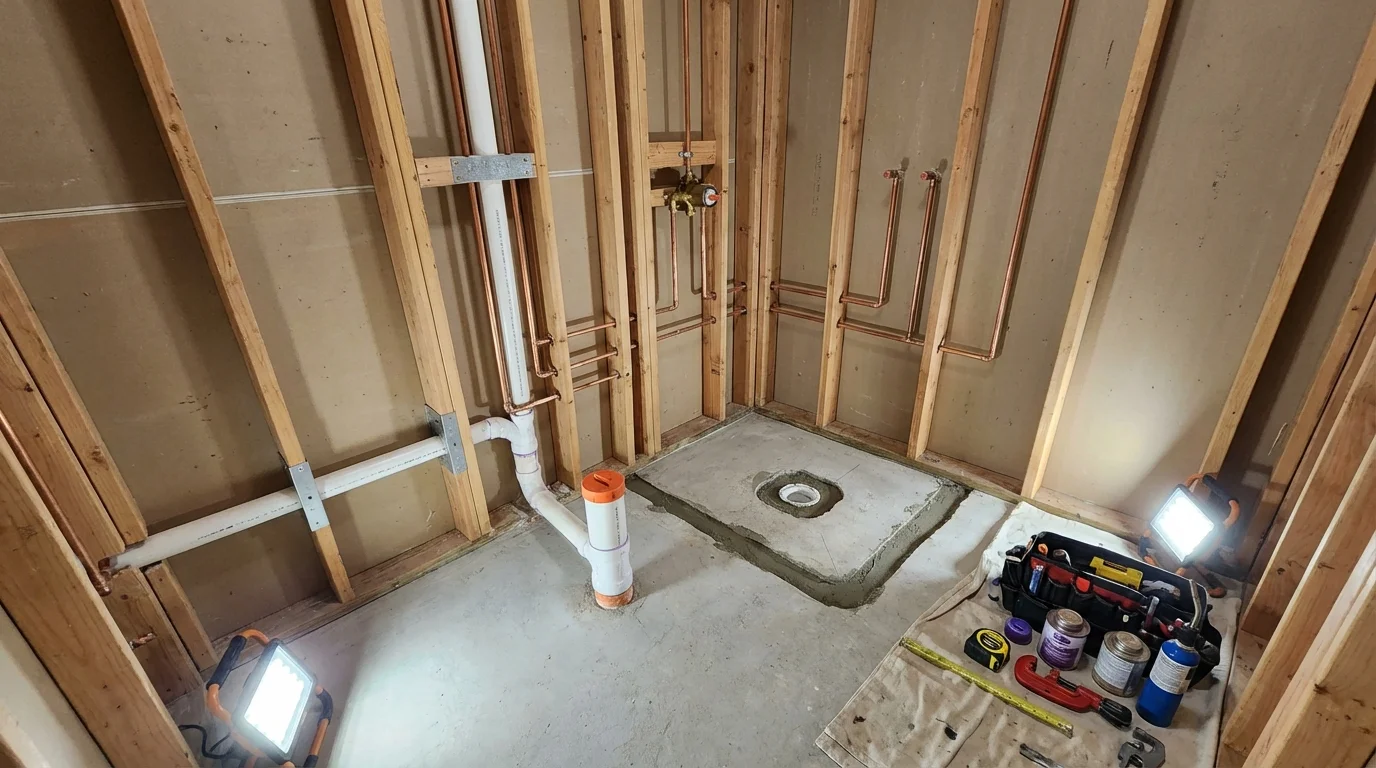 Bathroom rough-in plumbing during remodel by Johns Plumbing LLC in Bowmansville