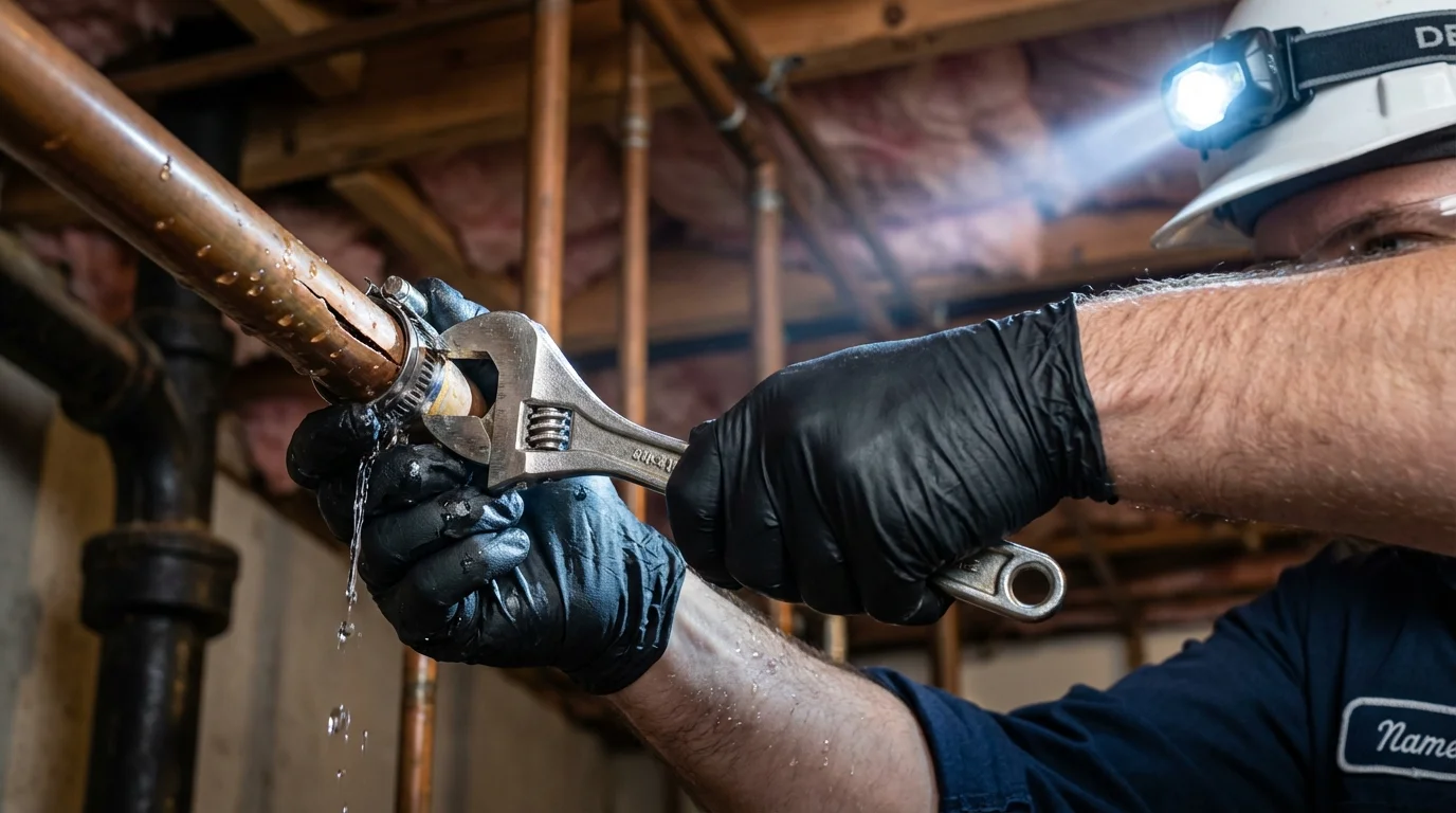 Emergency pipe clamp repair being performed by a Johns Plumbing LLC plumber in Bowmansville