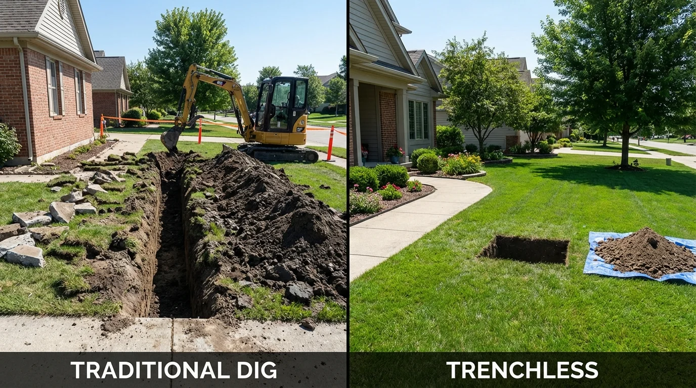 Trenchless sewer repair with minimal yard damage versus traditional excavation in Bowmansville, PA