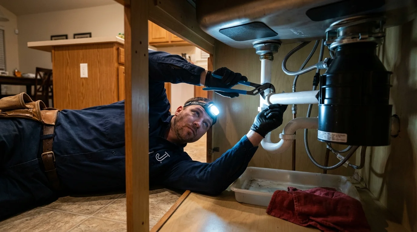 P-trap and supply line connections under a kitchen sink showing a common leak point in Bowmansville, PA